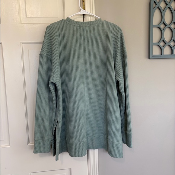 Women's Waffle Knit Long Sleeve Pullover - Sage Green - Picture 3 of 4